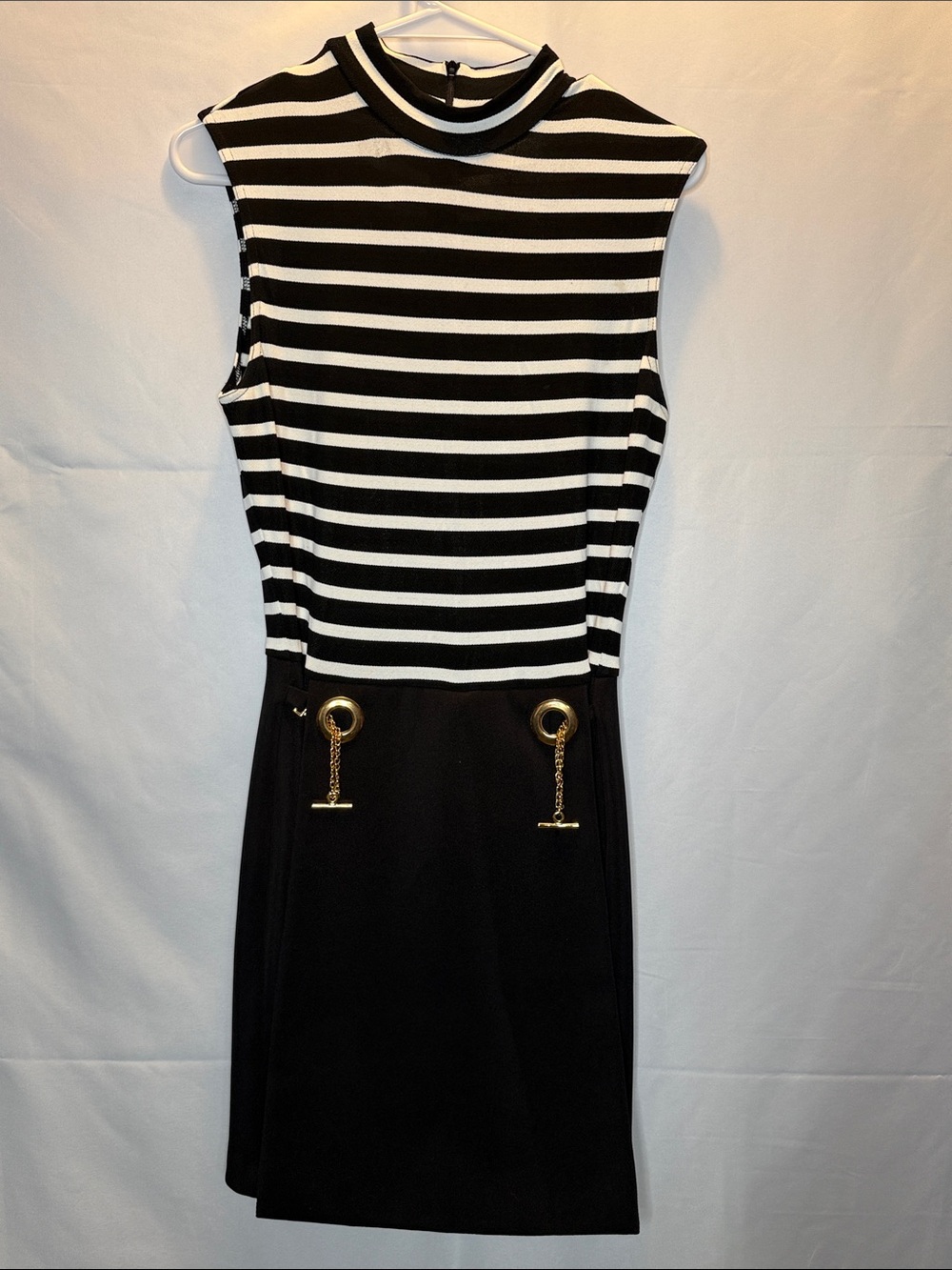 Sleeveless Black & White Striped Shift Dress with Gold Accent